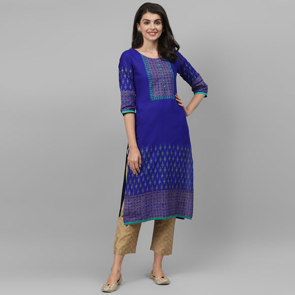 Maai Rayon Hand Printed Kurta Blue - Distacart