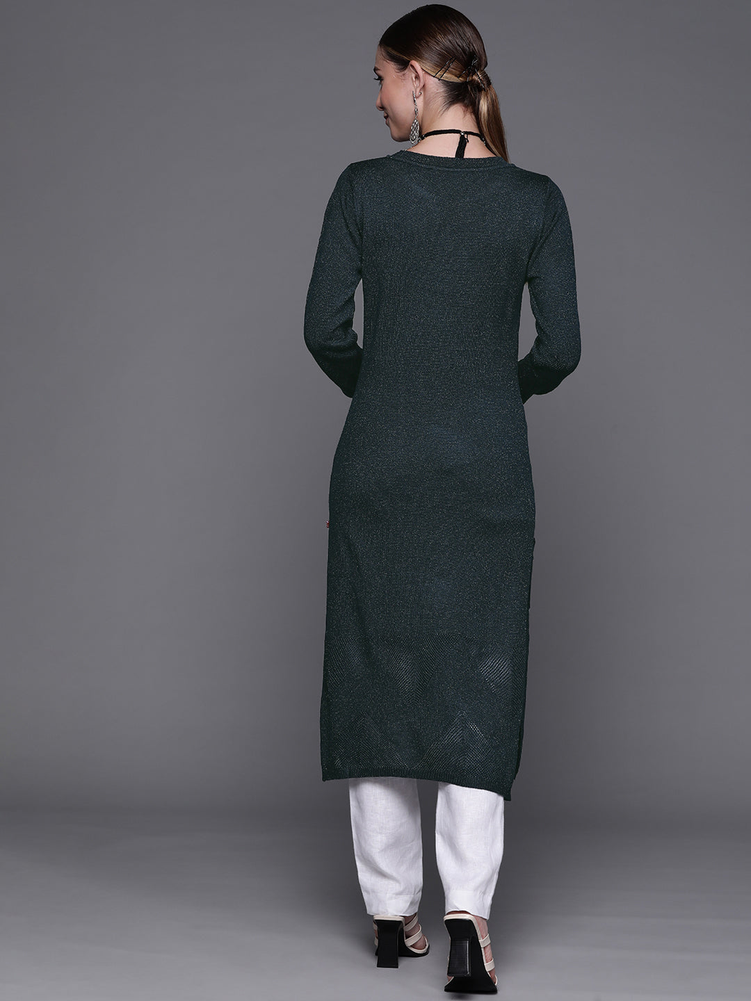 Biba Women Navy Blue Shimmer All-over Kurta - Distacart