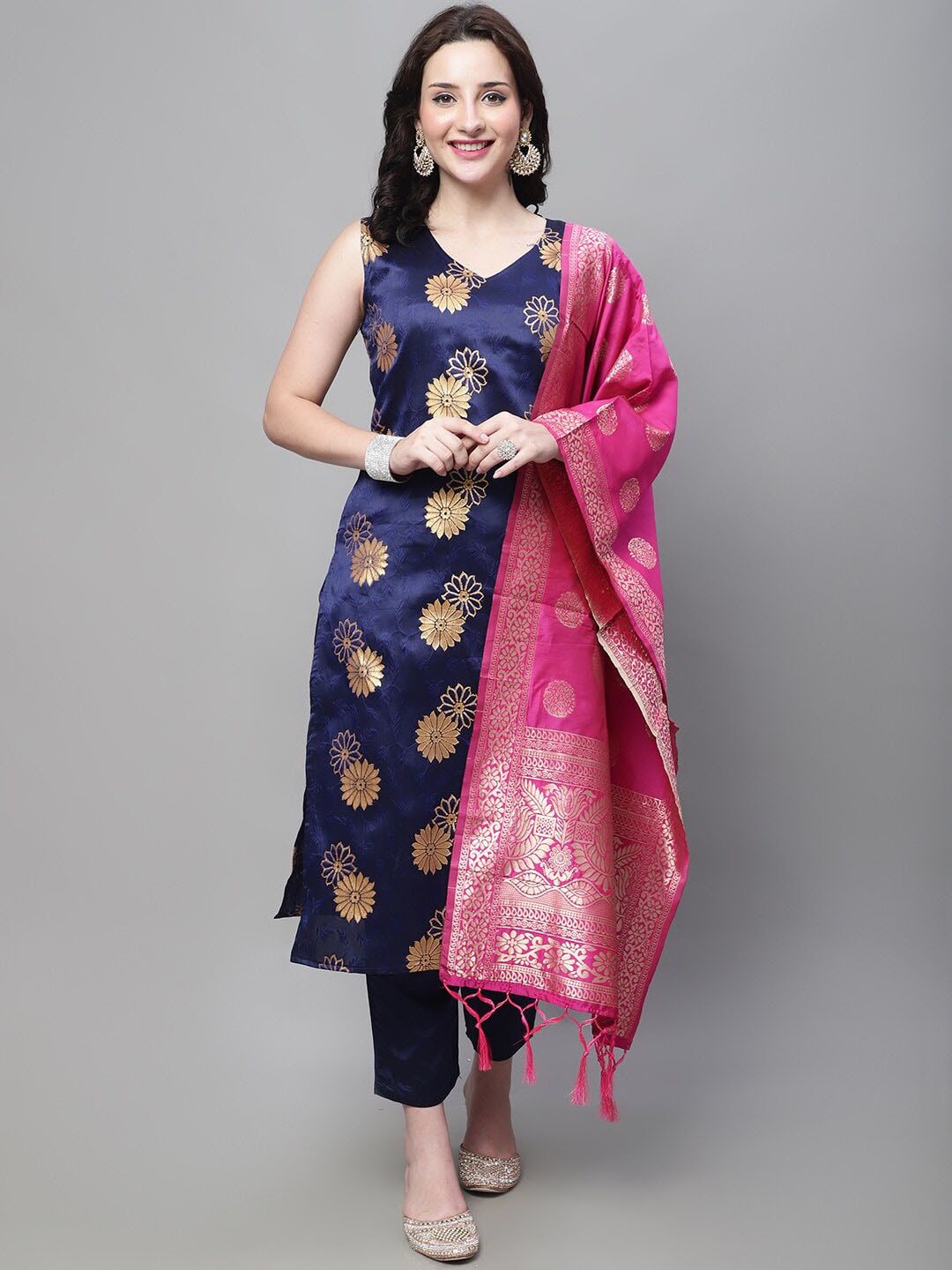 Kalini Floral Printed V-Neck Kurta with Trousers & With Dupatta - Distacart