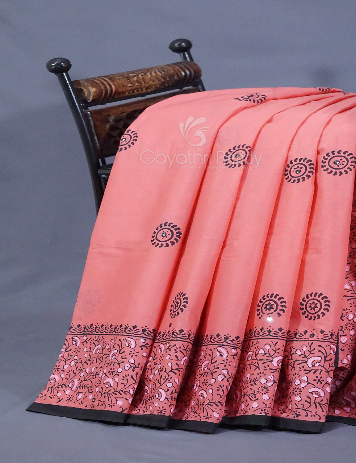 Peach Colour Block Print With Mirron Embroidered Pure Mulmul Cotton Saree By Gayathri Reddy Designer Studio - Distacart