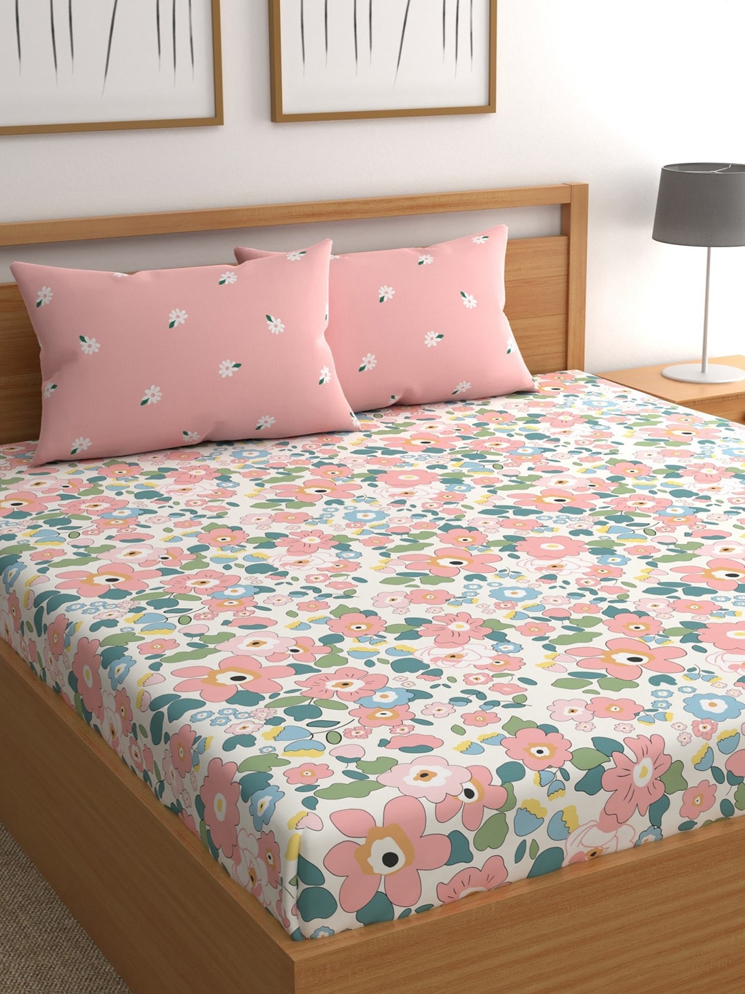 CHHAVI INDIA Pink & Blue Floral 210 TC Bedsheet with Pillow Covers - Distacart