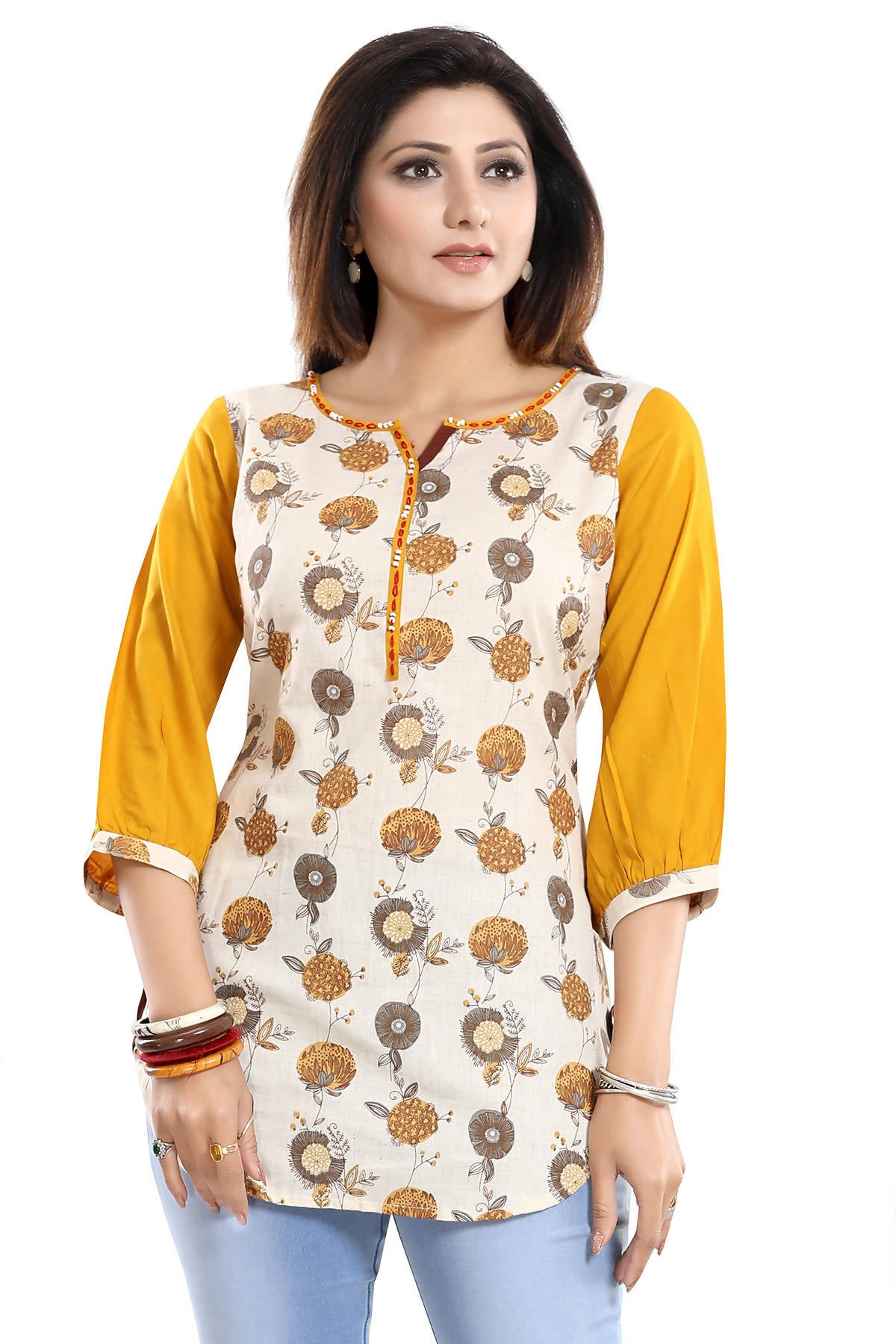 Snehal Creations Cream Cotton Printed Apple-Cut Short Tunic - Distacart