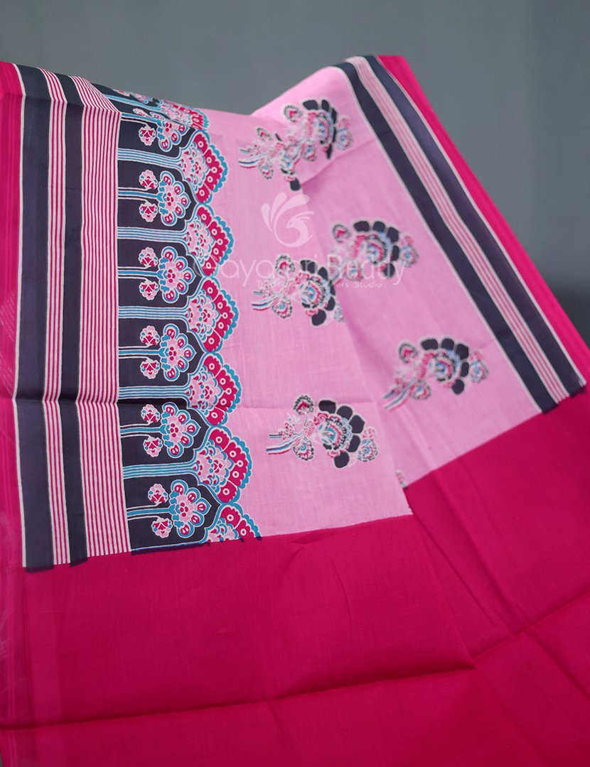 Block Print Baby Pink Combo Mulmul Cotton Saree By Gayathri Reddy Designer Studio - Distacart