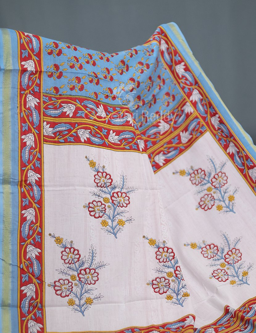 Shades of Blue Combination Printed Cotton Saree By Gayathri Reddy Designer Studio - Distacart