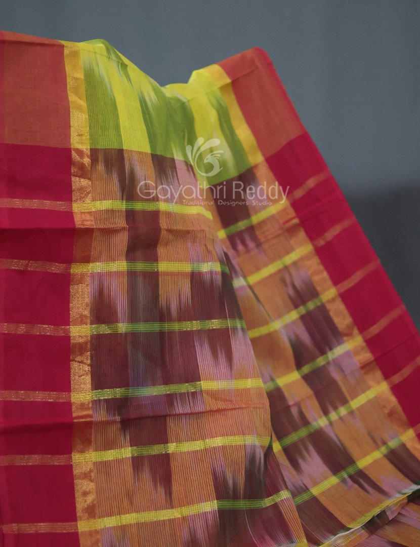 Dual Shades of Lime Green Mangalagiri Ikkat Cotton Saree By Gayathri Reddy Designer Studio - Distacart