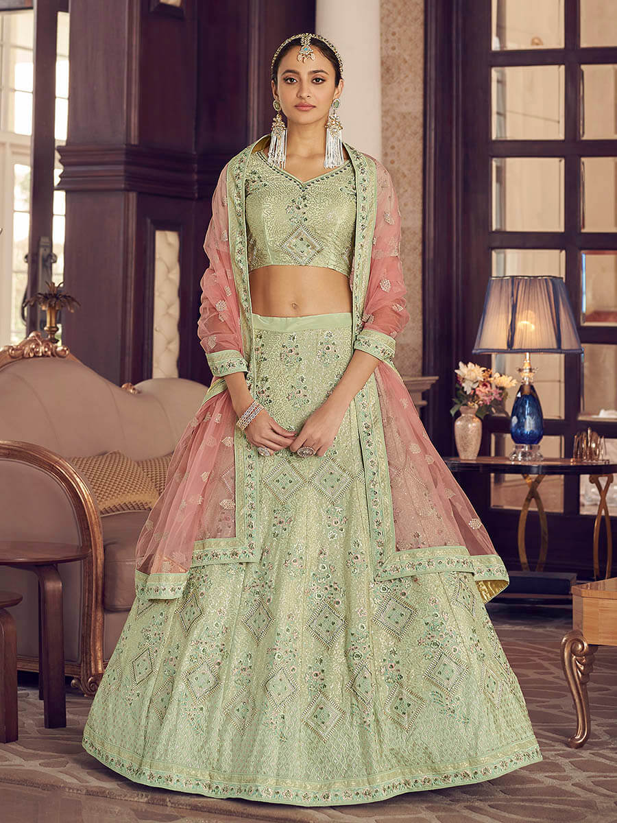 Myra Pista Green Crepe Embroidered Lehenga - Distacart