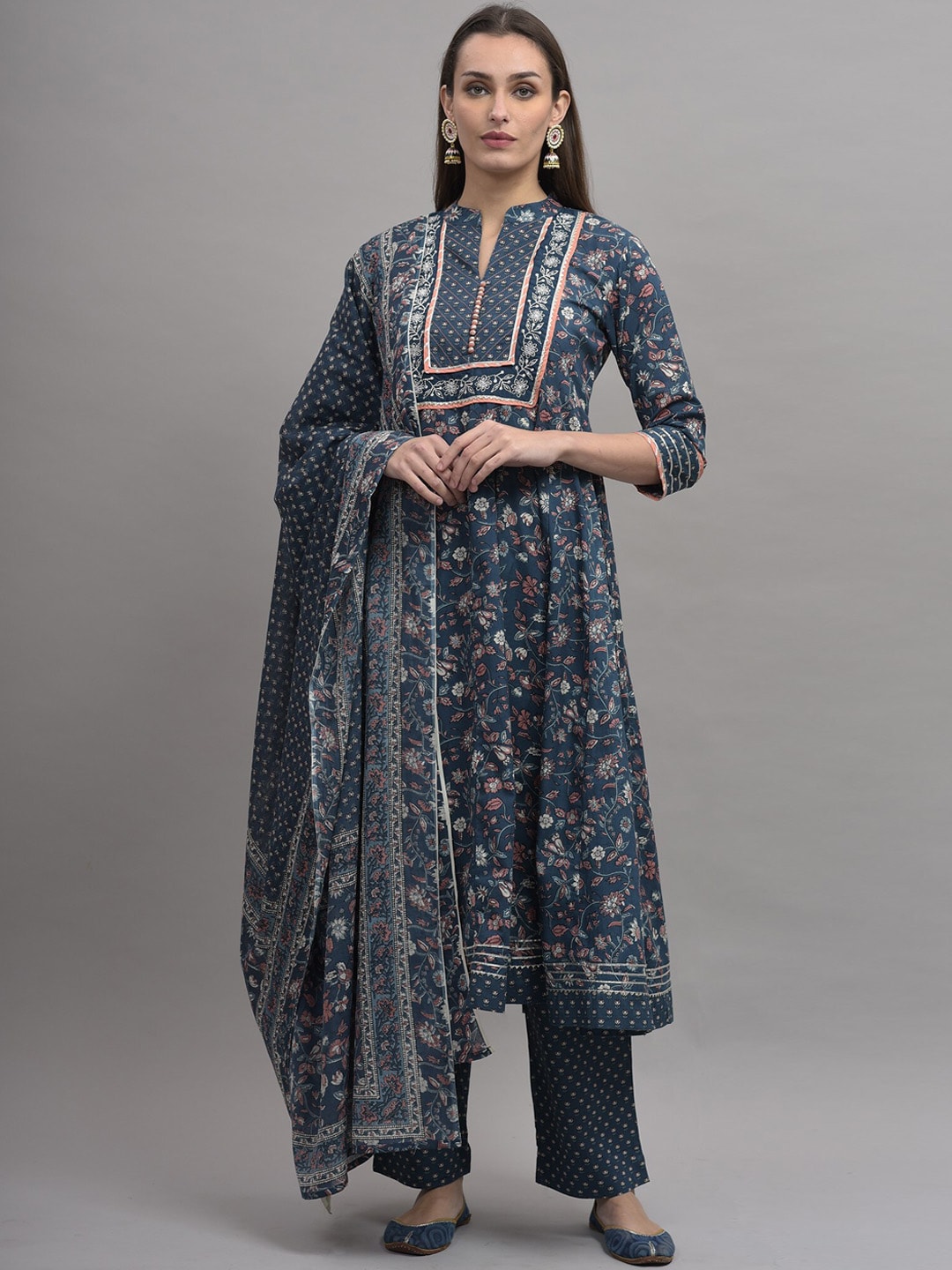 Kalini Women Blue Ethnic Motifs Printed Pure Cotton Kurta with Trousers & Dupatta - Distacart