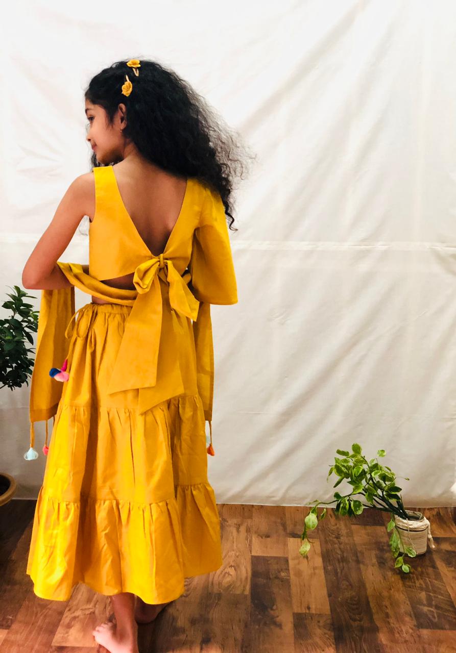 ArthLife Owl Embroidery Mustard Yellow Ghagara Dress - Distacart