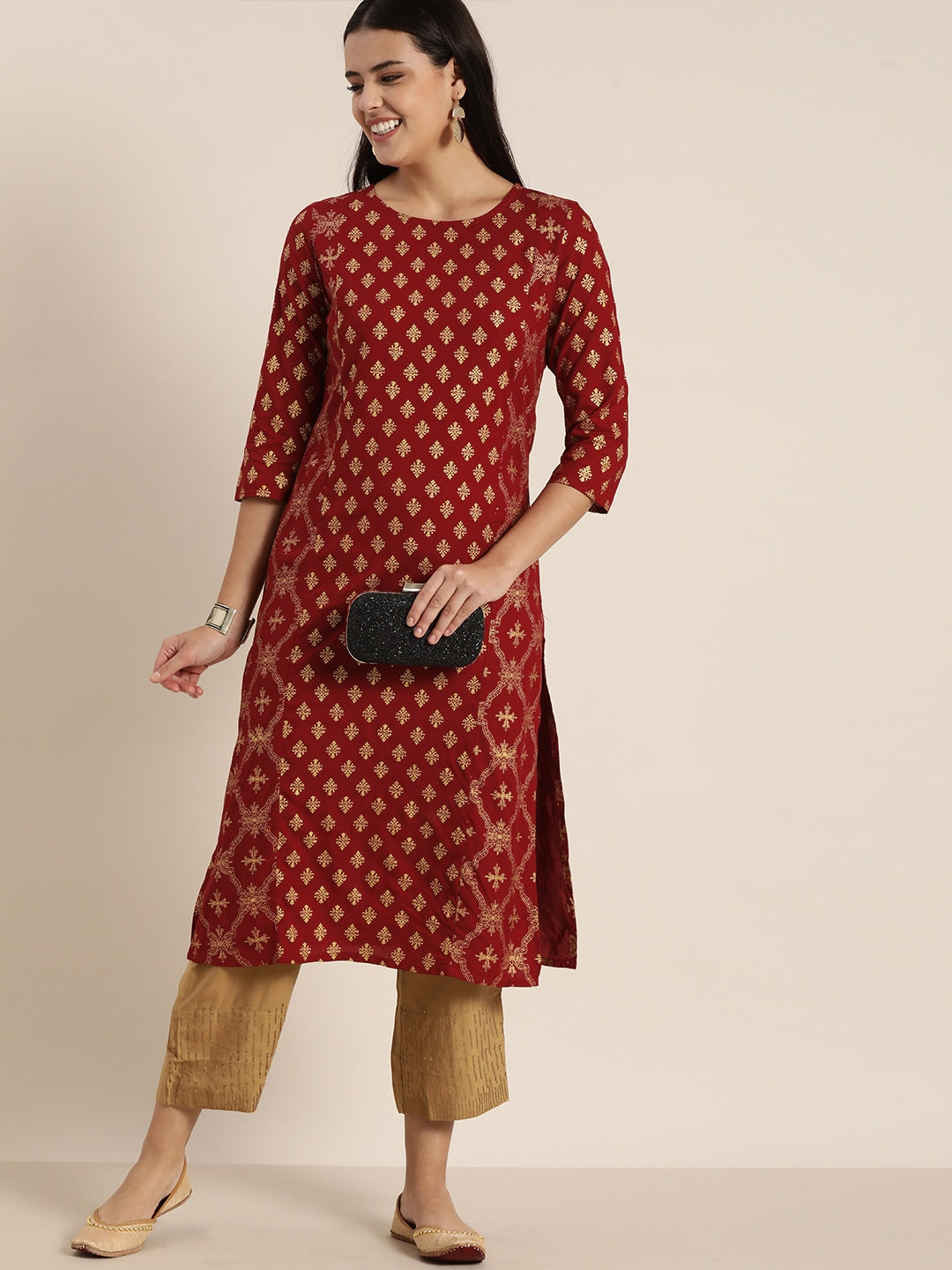 Sangria Women Maroon & Gold-Toned Ethnic Motifs Printed Kurta - Distacart