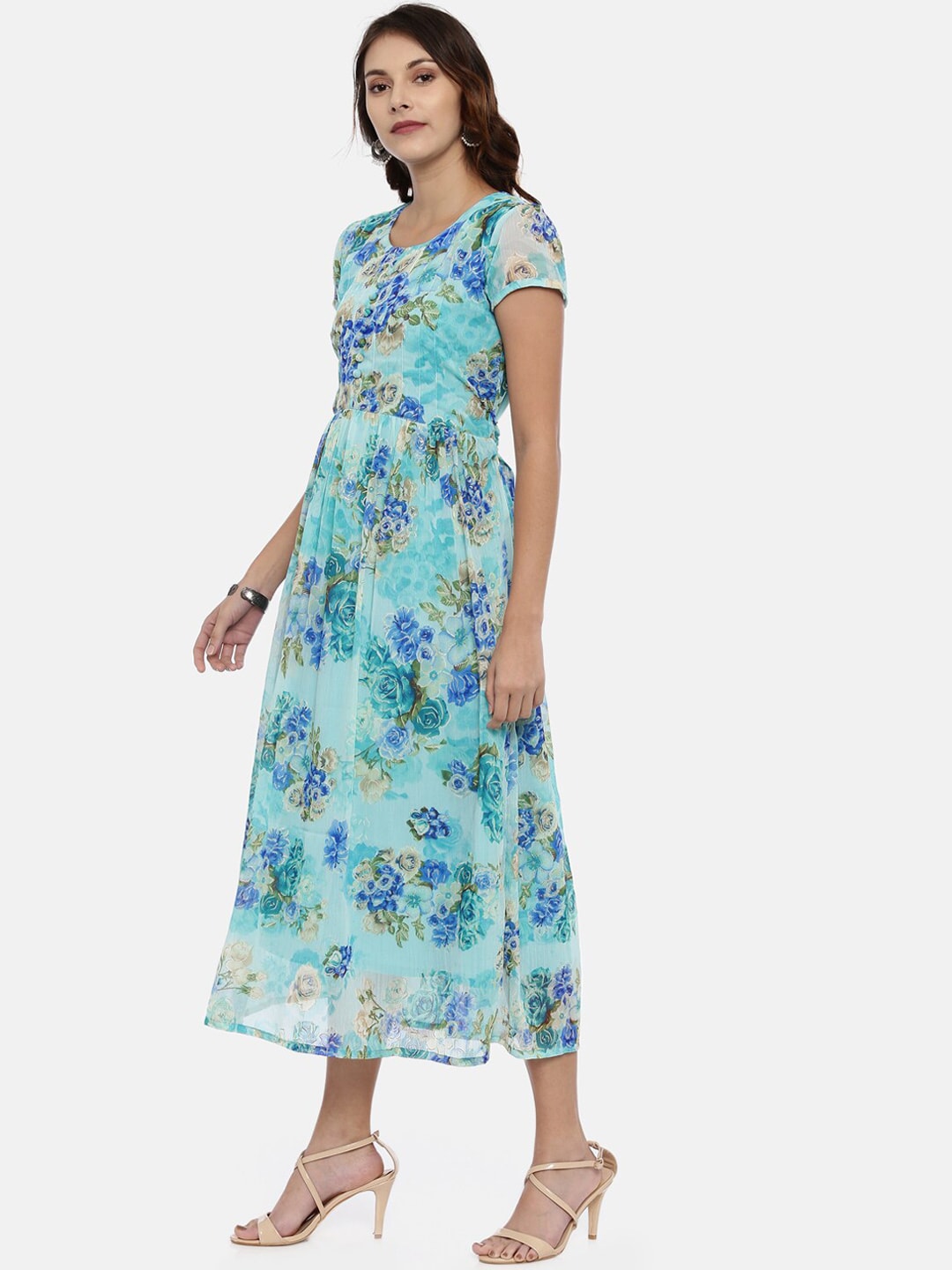 Souchii Sea Green & Blue Floral Printed A-Line Dress - Distacart