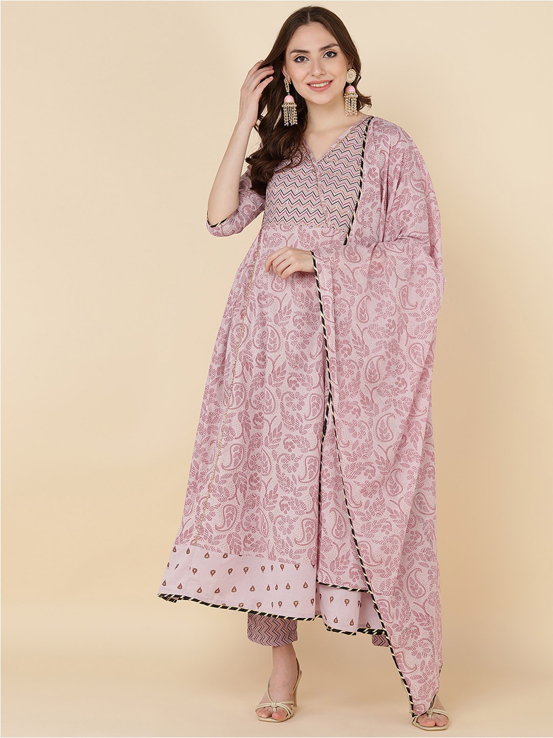 HERE&NOW Women Pink Floral Embroidered Pure Cotton Kurta with Trousers & Dupatta - Distacart