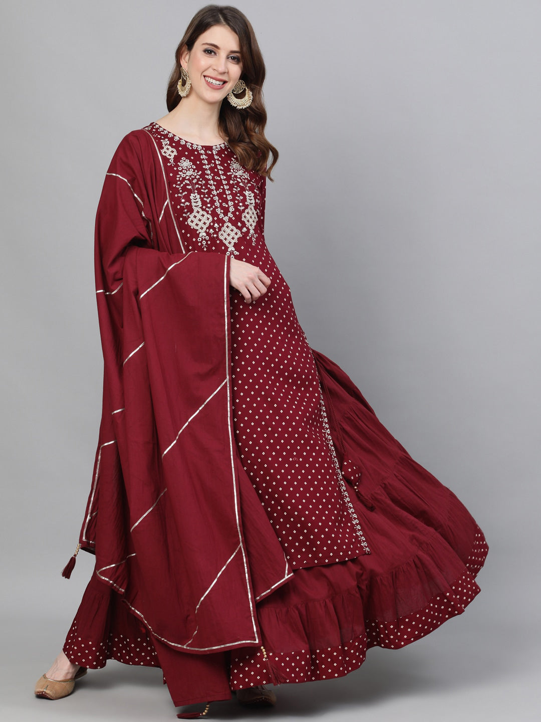 Ishin Women Maroon Yoke Embroidered Straight Kurta Skirt Dupatta Set - Distacart