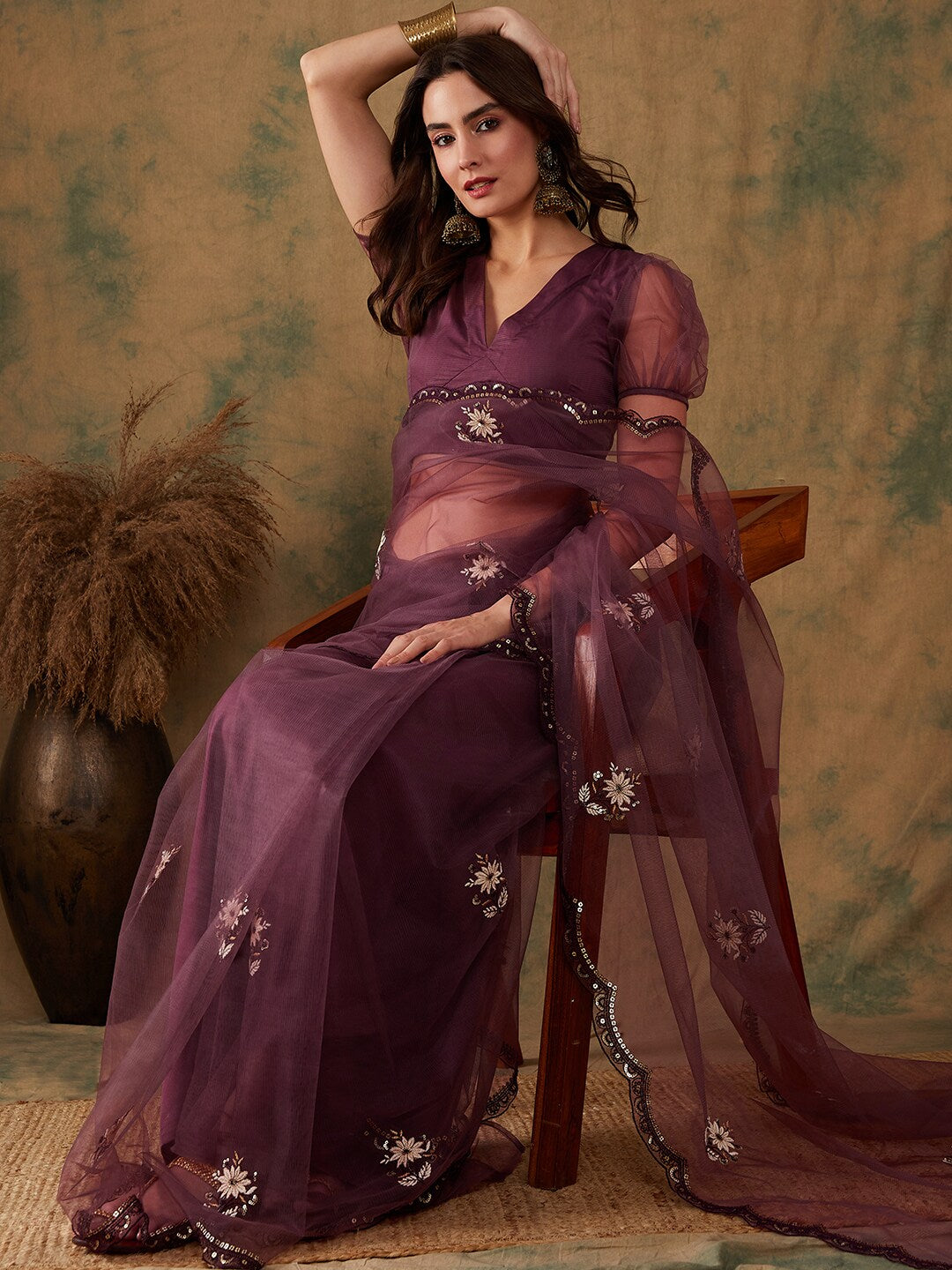 Sangria Purple Floral Embroidered Beads and Stones Embellished Net Saree - Distacart