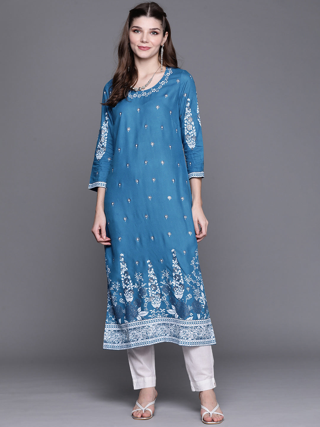 Biba Women Blue & White Ethnic Motifs Printed Assorted Kurta - Distacart