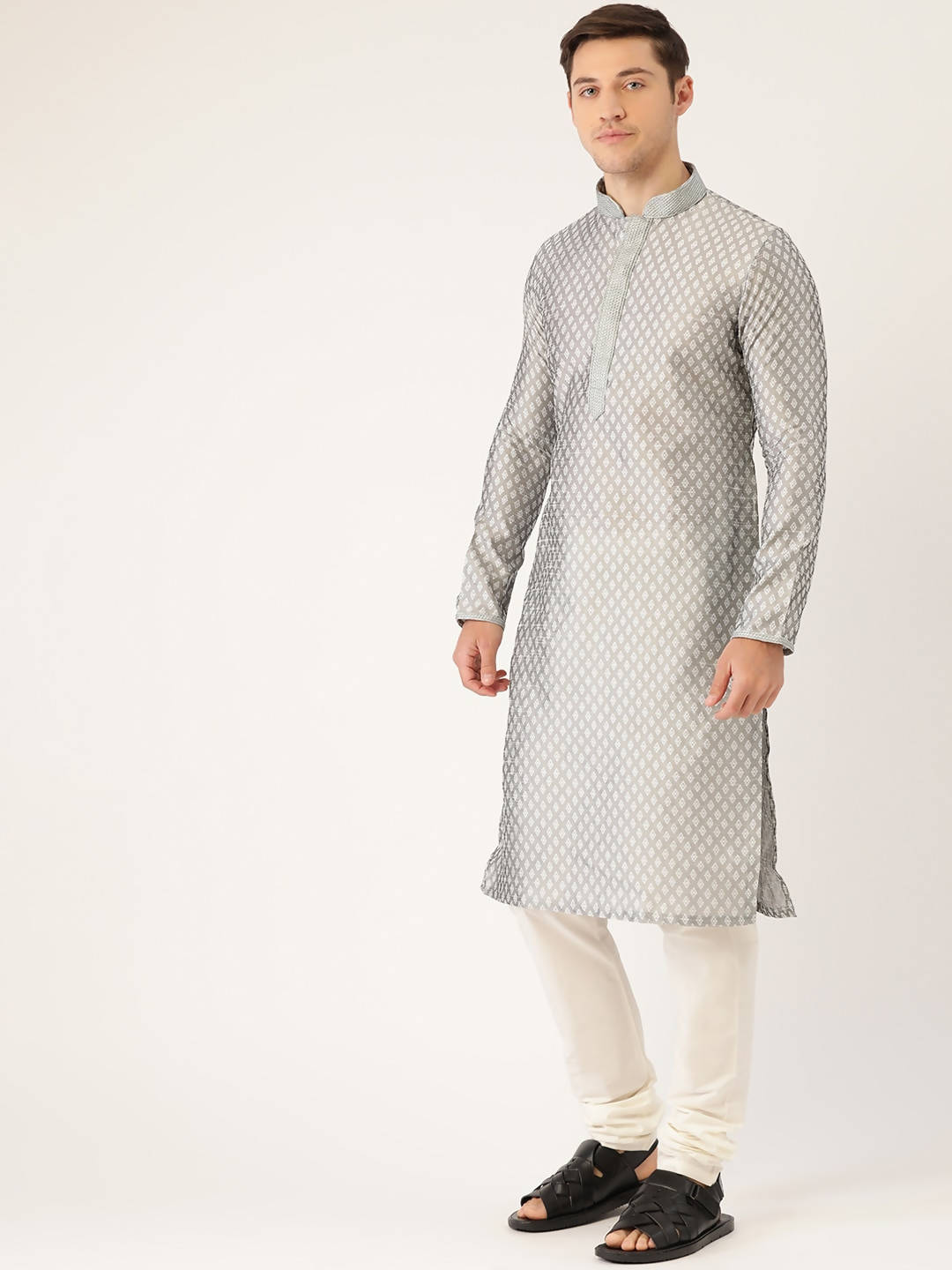 Manyavar Men Grey & White Woven Design Kurta with Churidar - Distacart