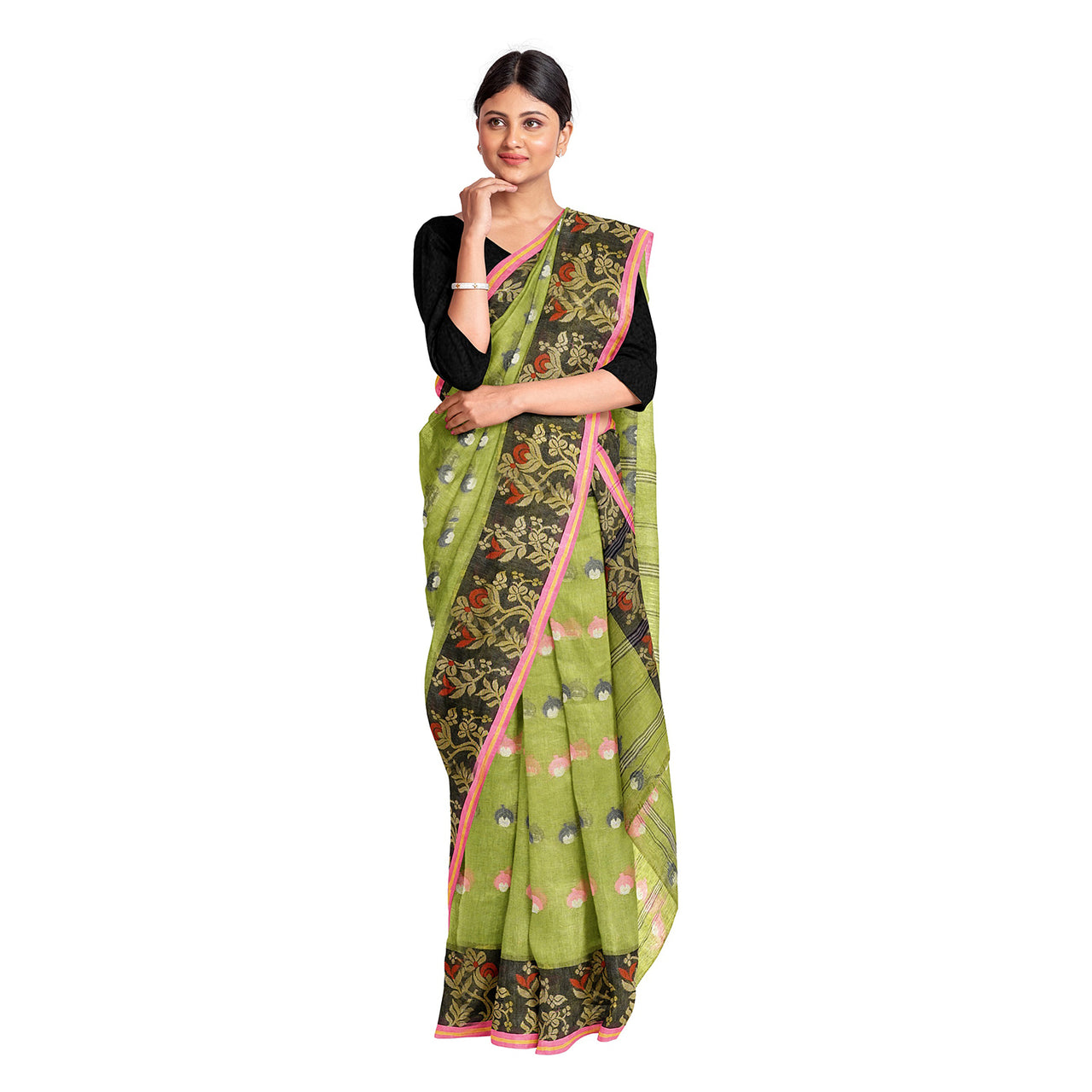 Exclusive Collection 100% Pure Cotton Olive Tant Saree With Hand Weaving Work - Distacart