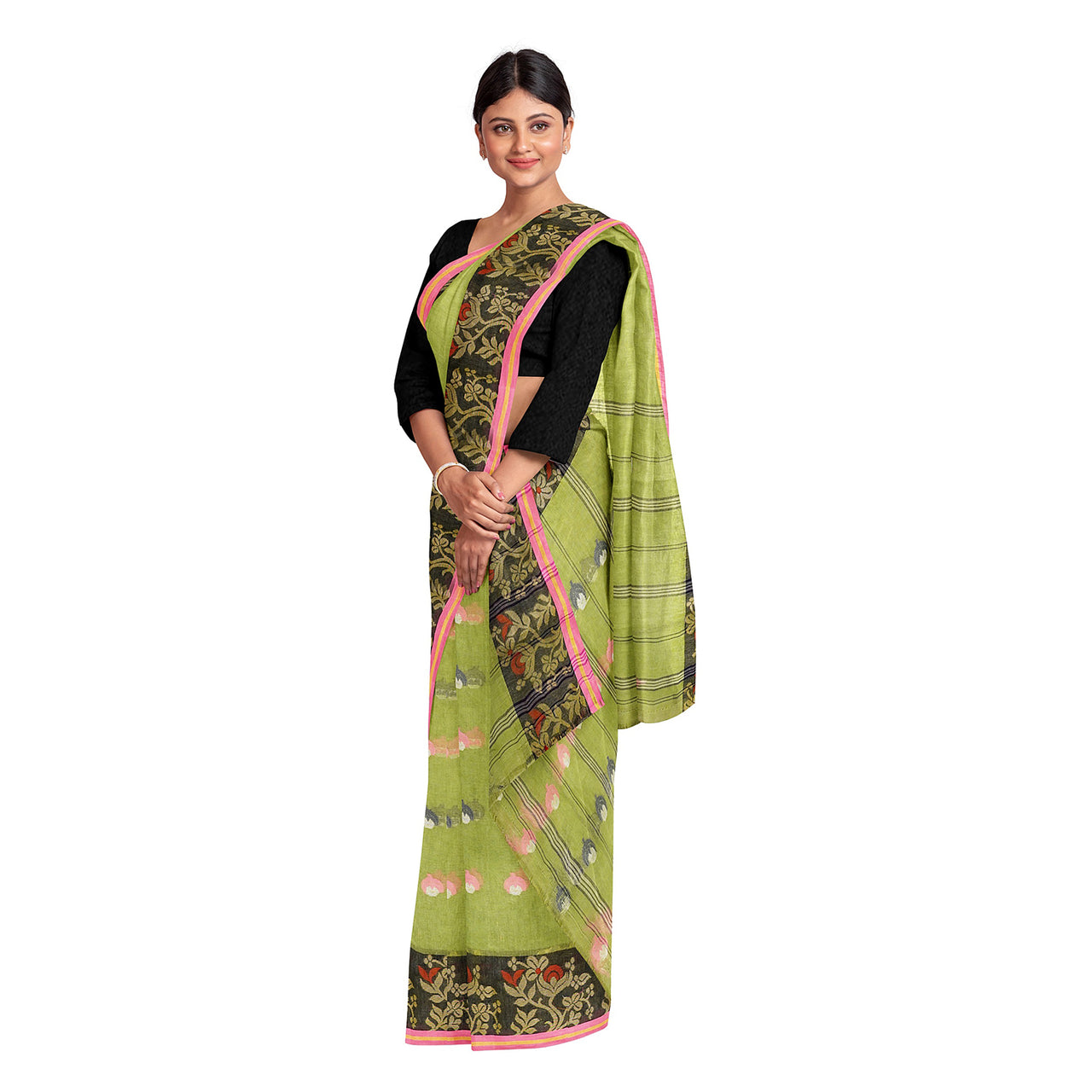 Exclusive Collection 100% Pure Cotton Olive Tant Saree With Hand Weaving Work - Distacart