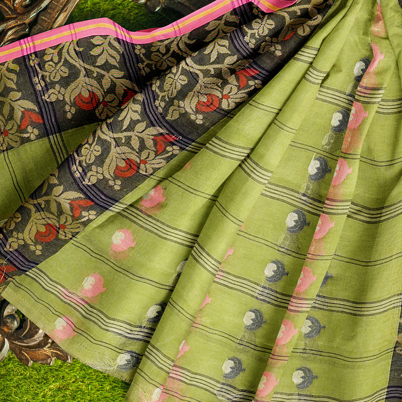 Exclusive Collection 100% Pure Cotton Olive Tant Saree With Hand Weaving Work - Distacart