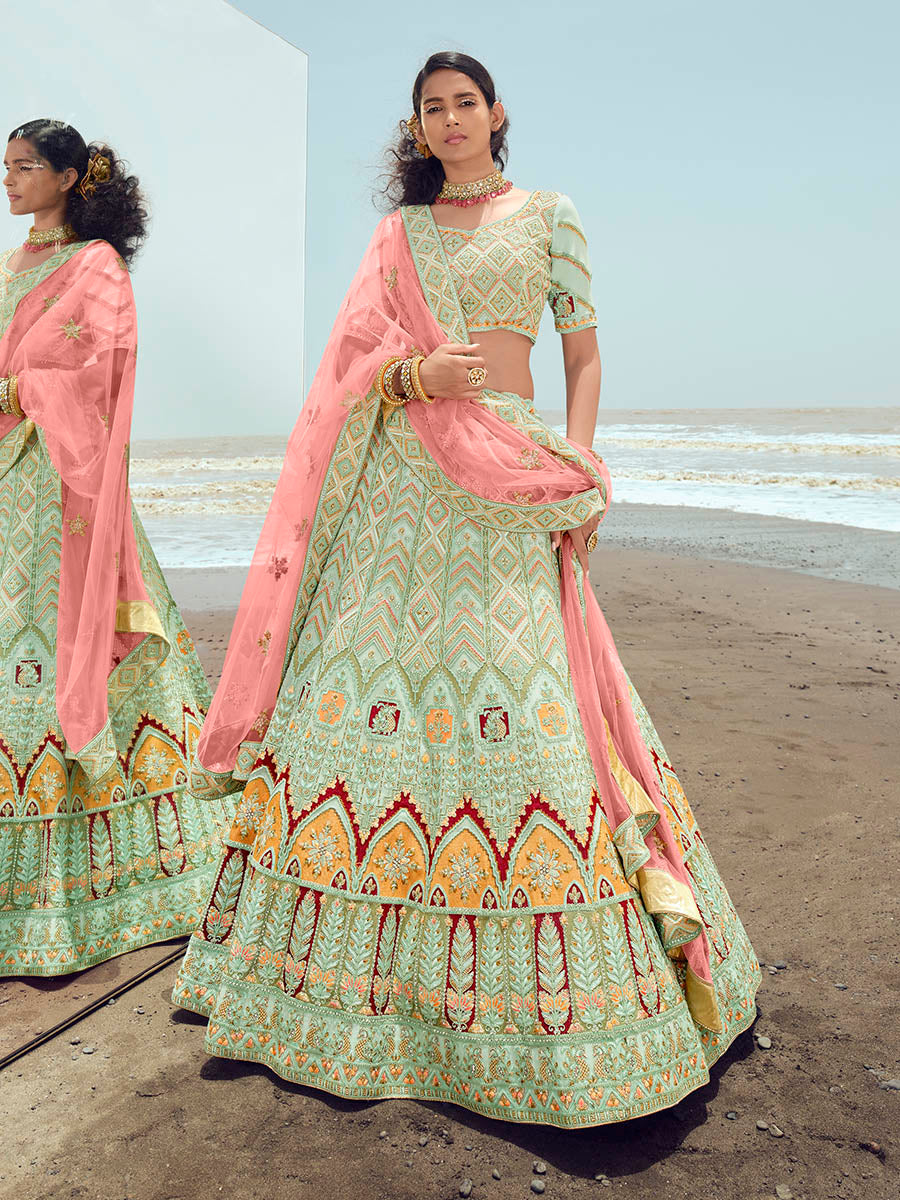 Myra Pista Green Gorgette Embroidered Designer Lehenga Choli - Distacart