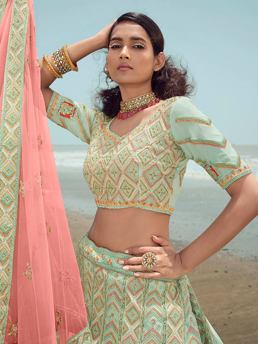 Myra Pista Green Gorgette Embroidered Designer Lehenga Choli - Distacart