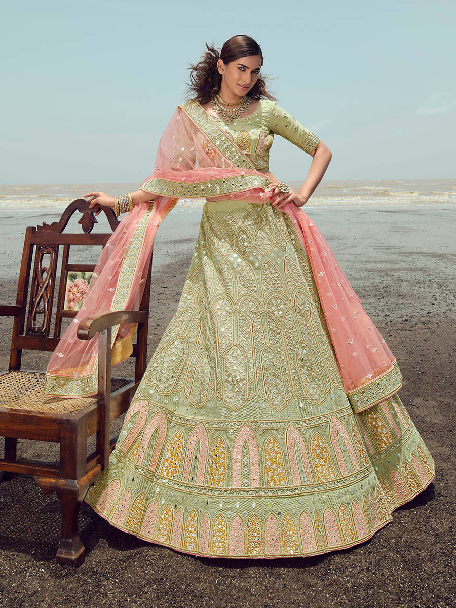 Myra Pista Green Organza Embroidered Designer Lehenga Choli - Distacart