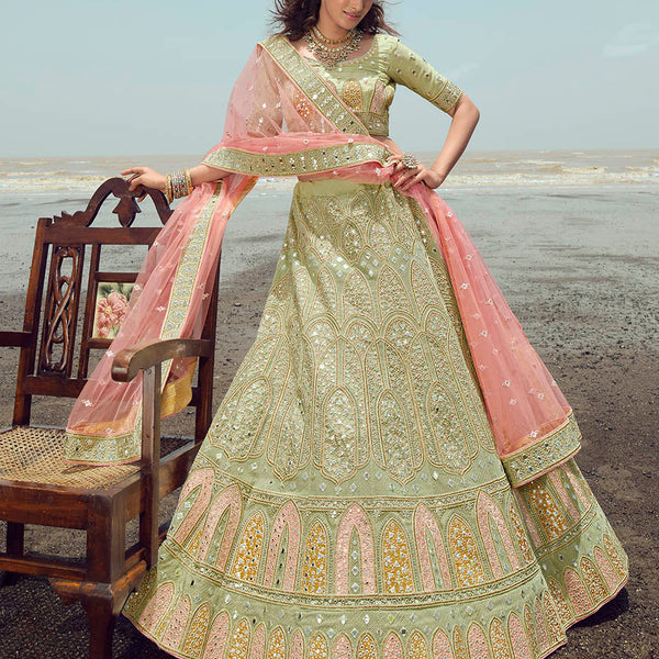 Myra Pista Green Organza Embroidered Designer Lehenga Choli - Distacart