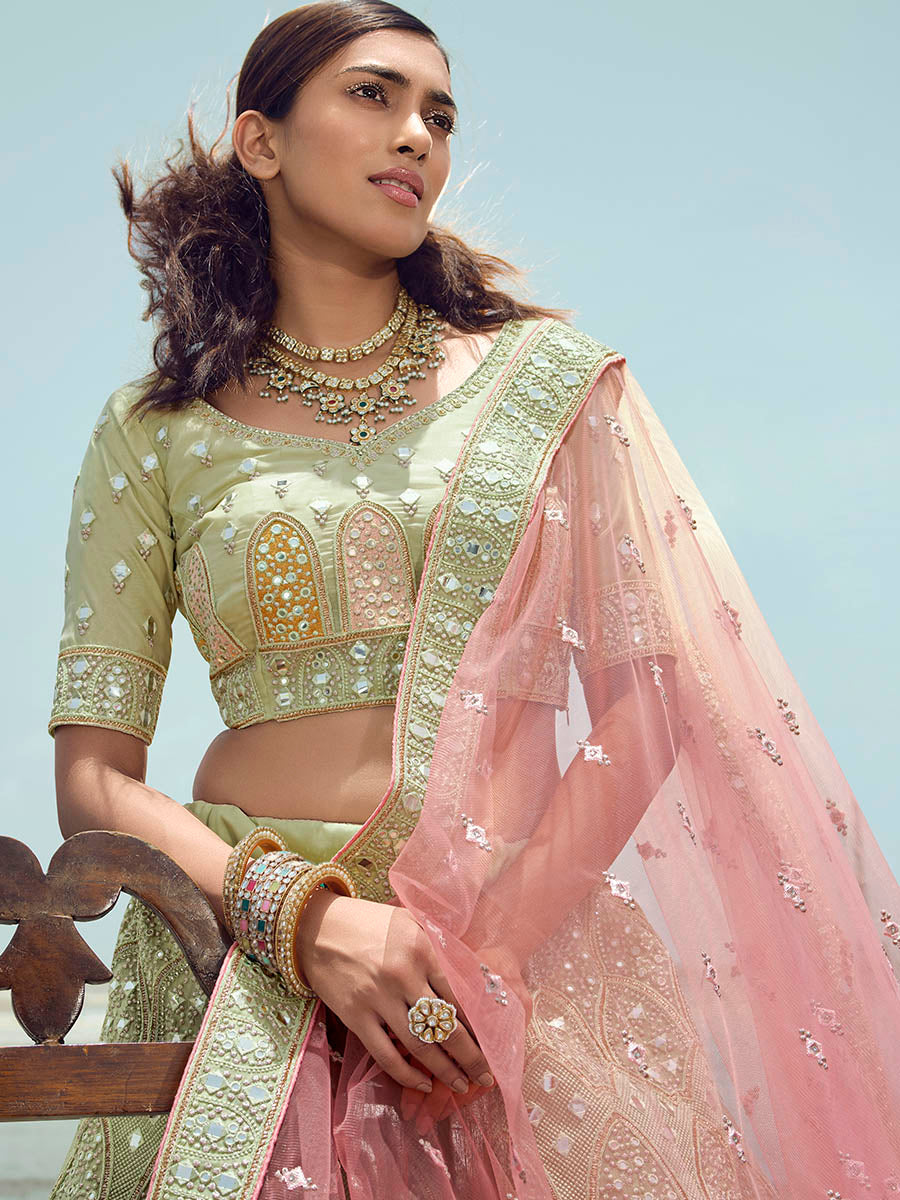 Myra Pista Green Organza Embroidered Designer Lehenga Choli - Distacart