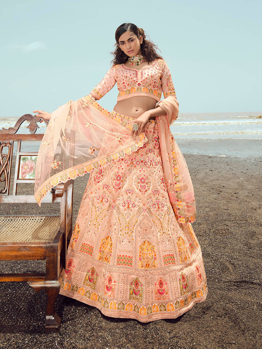 Myra Peach Georgette Embroidered Designer Lehenga Choli - Distacart