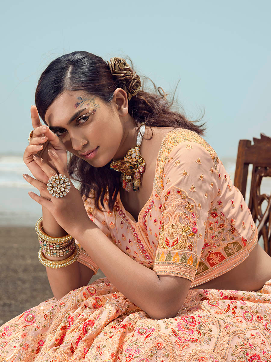 Myra Peach Georgette Embroidered Designer Lehenga Choli - Distacart