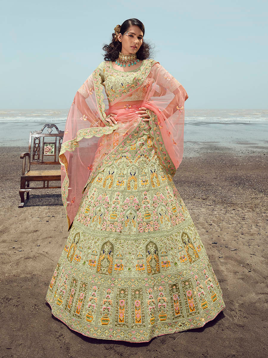 Myra Pista Green Georgette Embroidered Designer Lehenga Choli - Distacart