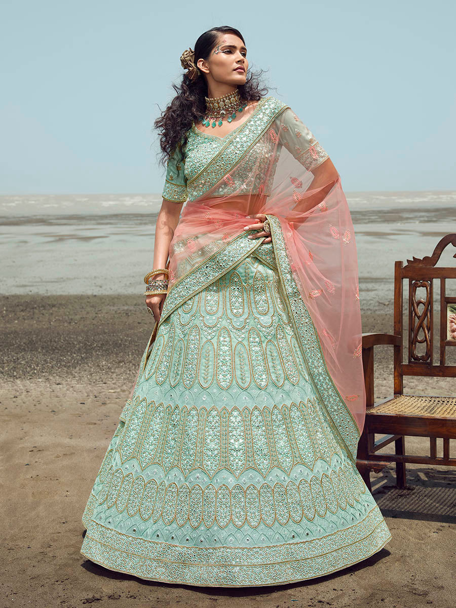 Myra Turquoise Organza Embroidered Designer Lehenga Choli - Distacart