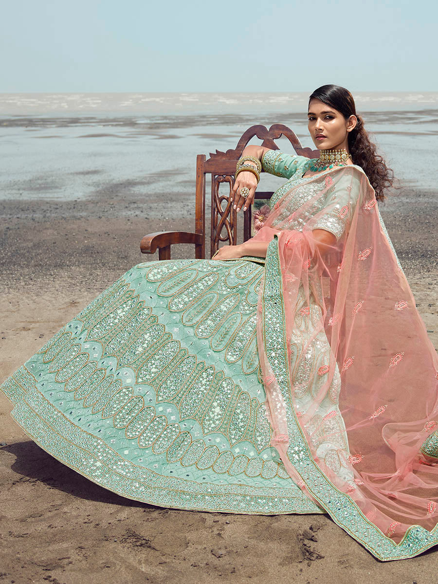 Myra Turquoise Organza Embroidered Designer Lehenga Choli - Distacart