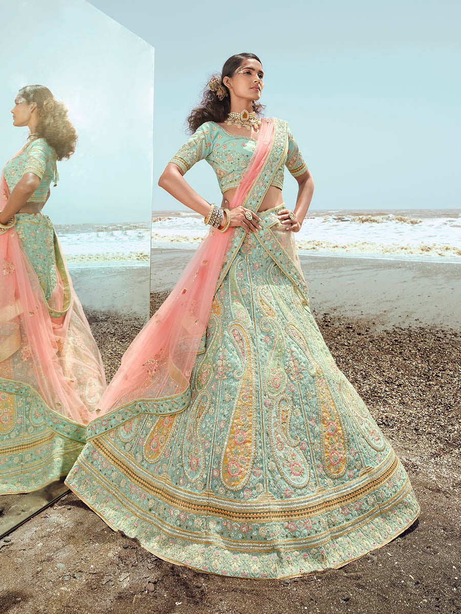 Myra Turquoise Organza Embroidered Designer Lehenga Choli - Distacart