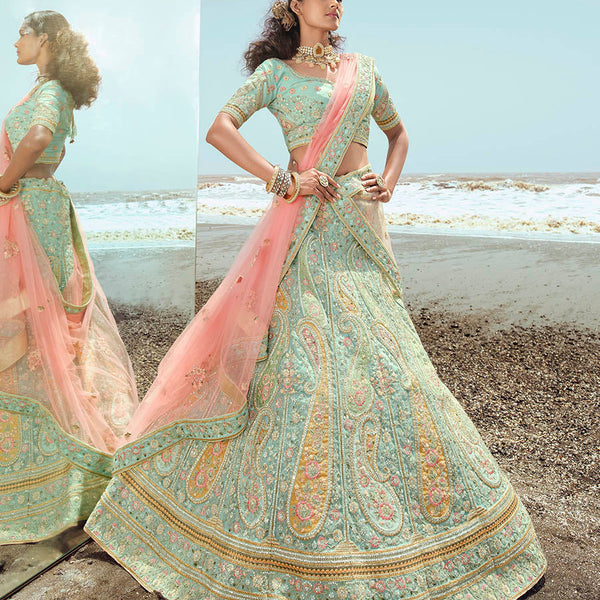 Myra Turquoise Organza Embroidered Designer Lehenga Choli - Distacart