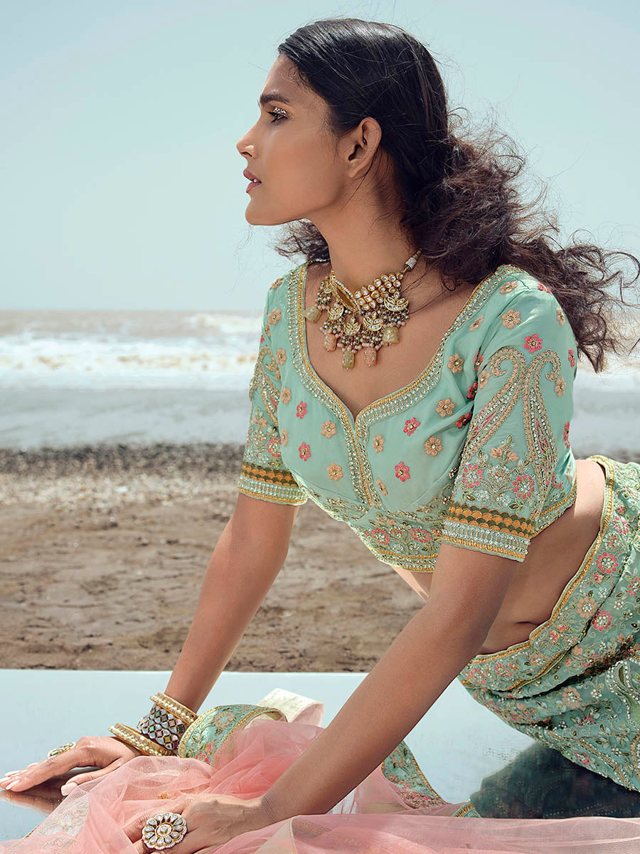 Myra Turquoise Organza Embroidered Designer Lehenga Choli - Distacart