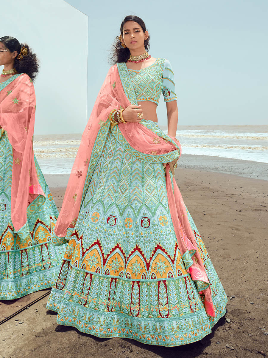 Myra Turquoise Georgette Embroidered Designer Lehenga Choli - Distacart