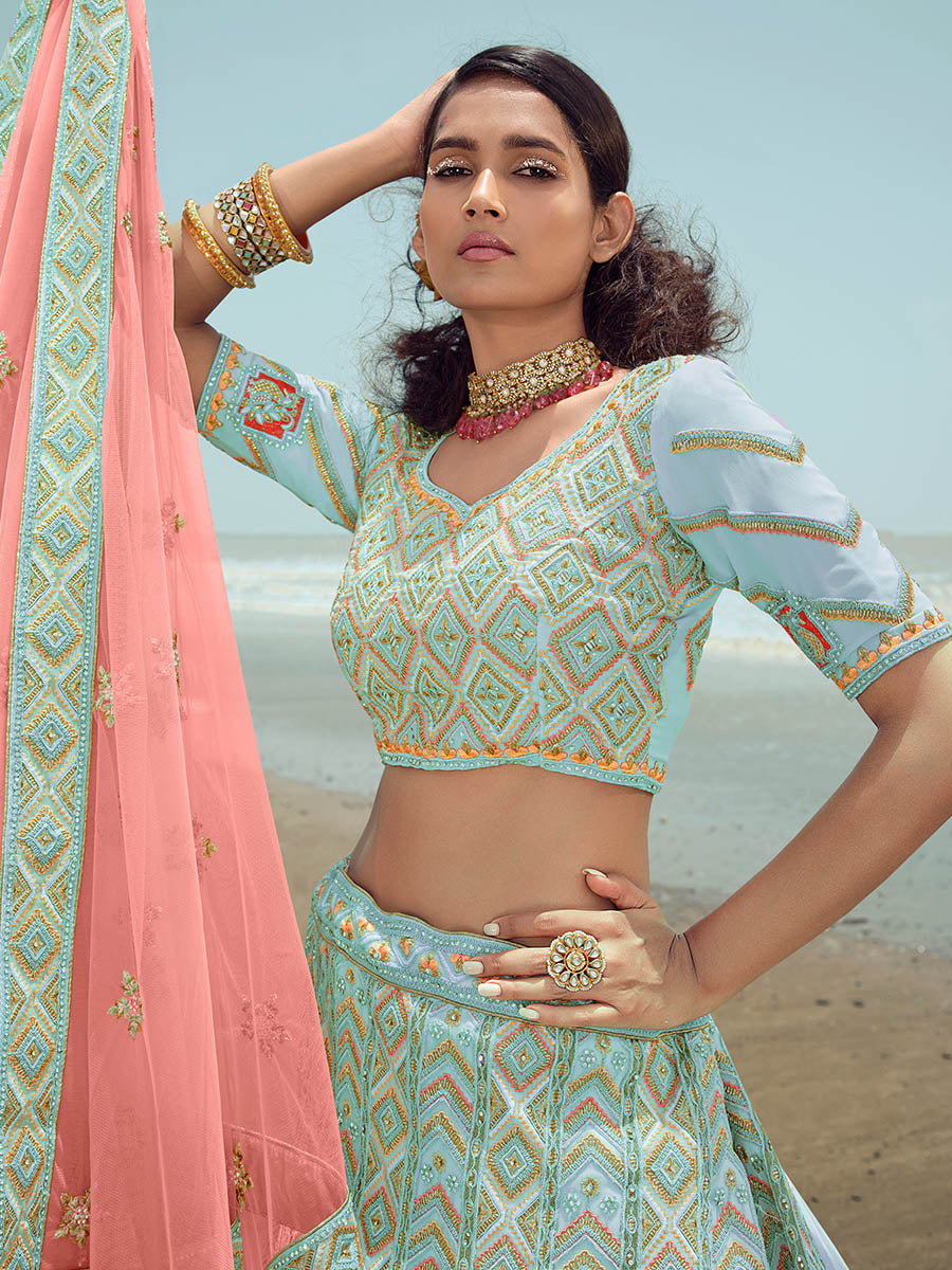 Myra Turquoise Georgette Embroidered Designer Lehenga Choli - Distacart