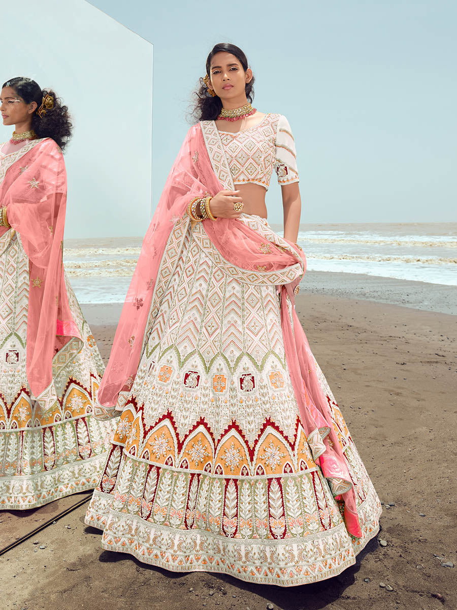 Myra White Georgette Embroidered Designer Lehenga Choli - Distacart