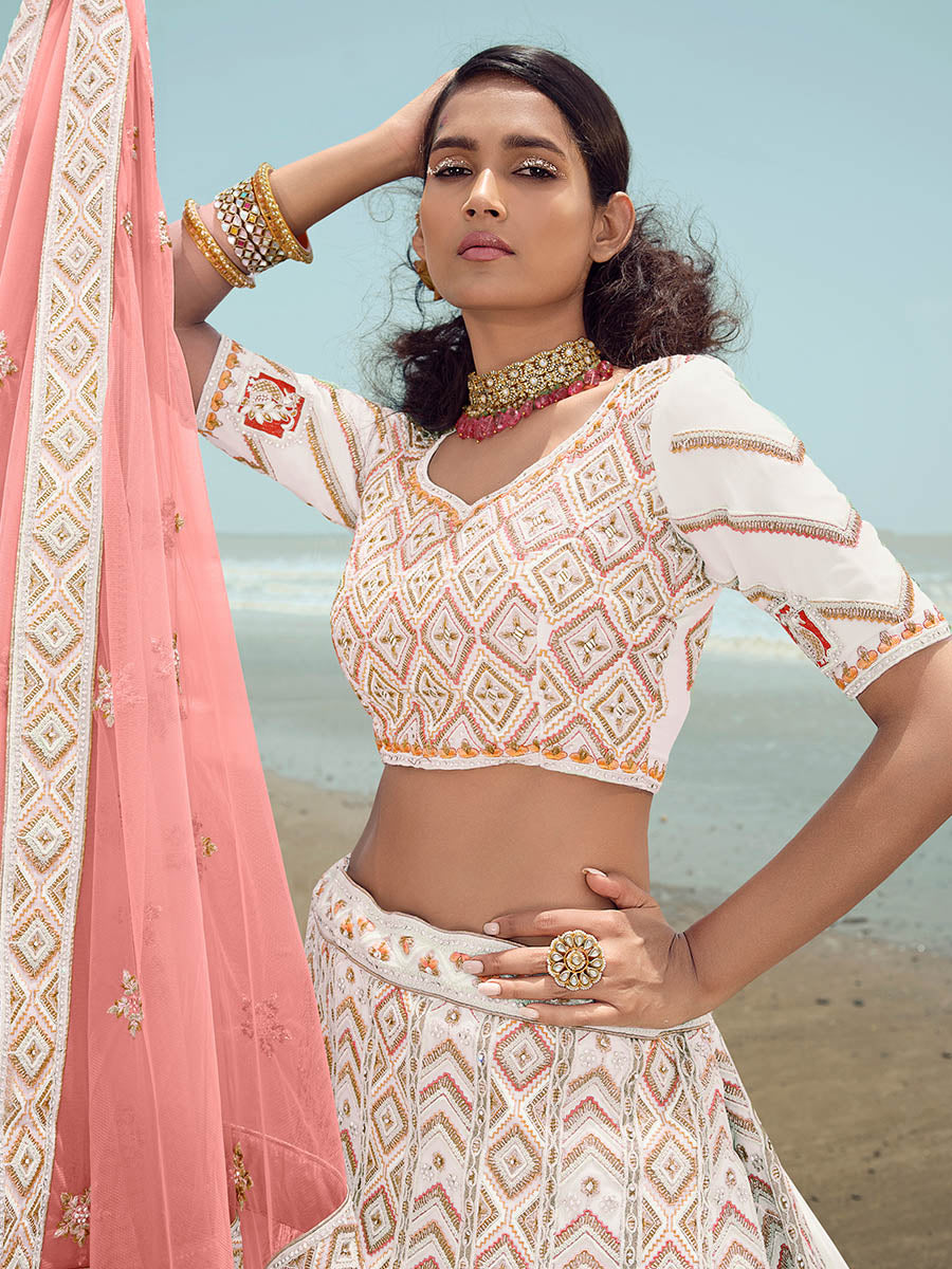 Myra White Georgette Embroidered Designer Lehenga Choli - Distacart
