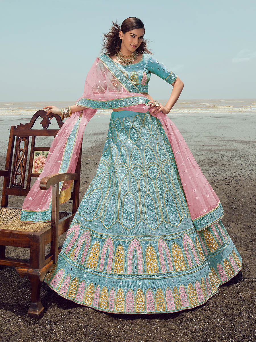 Myra Turquoise Organza Embroidered Designer Lehenga Choli - Distacart