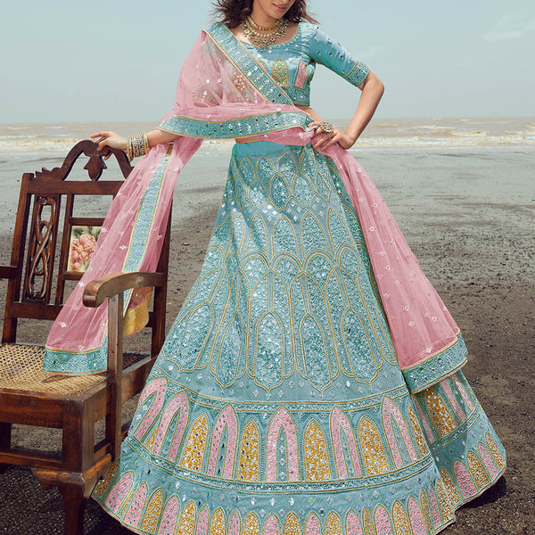 Myra Turquoise Organza Embroidered Designer Lehenga Choli - Distacart