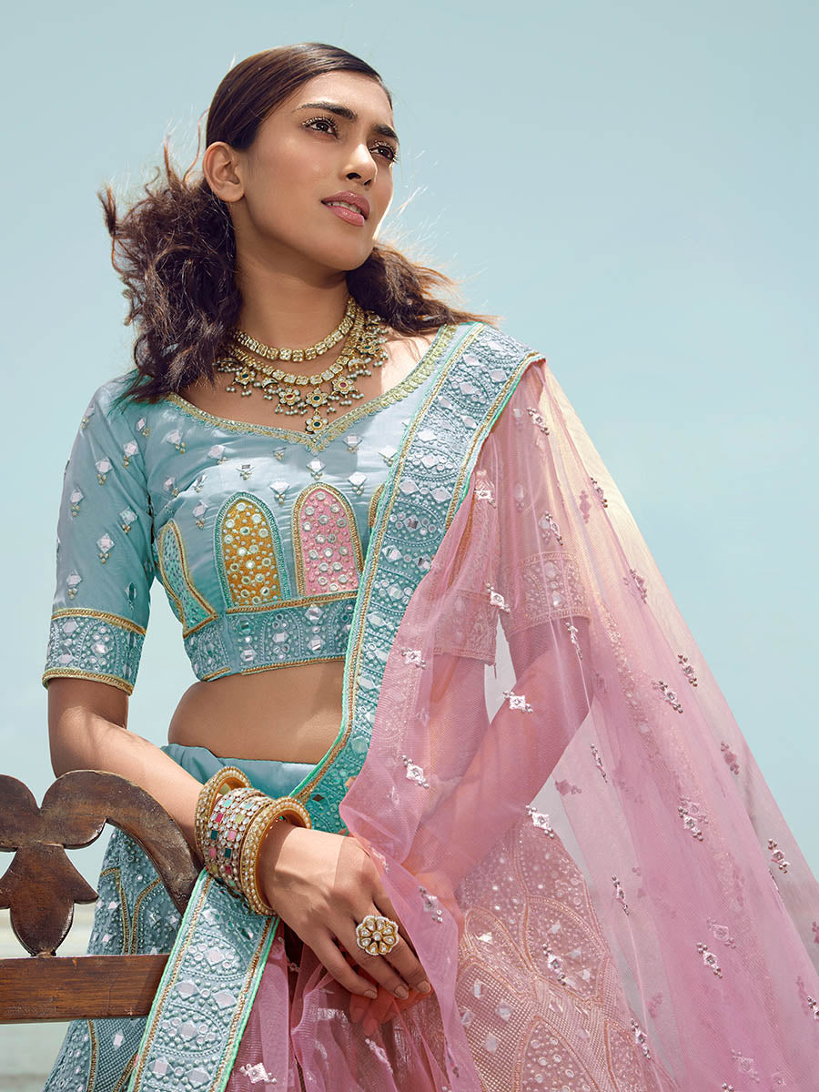 Myra Turquoise Organza Embroidered Designer Lehenga Choli - Distacart