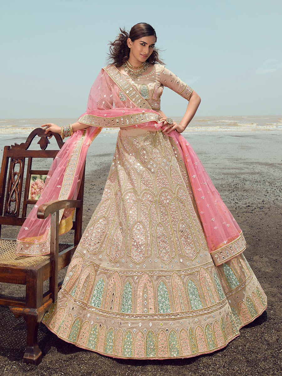 Myra Beige Organza Embroidered Designer Lehenga Choli - Distacart