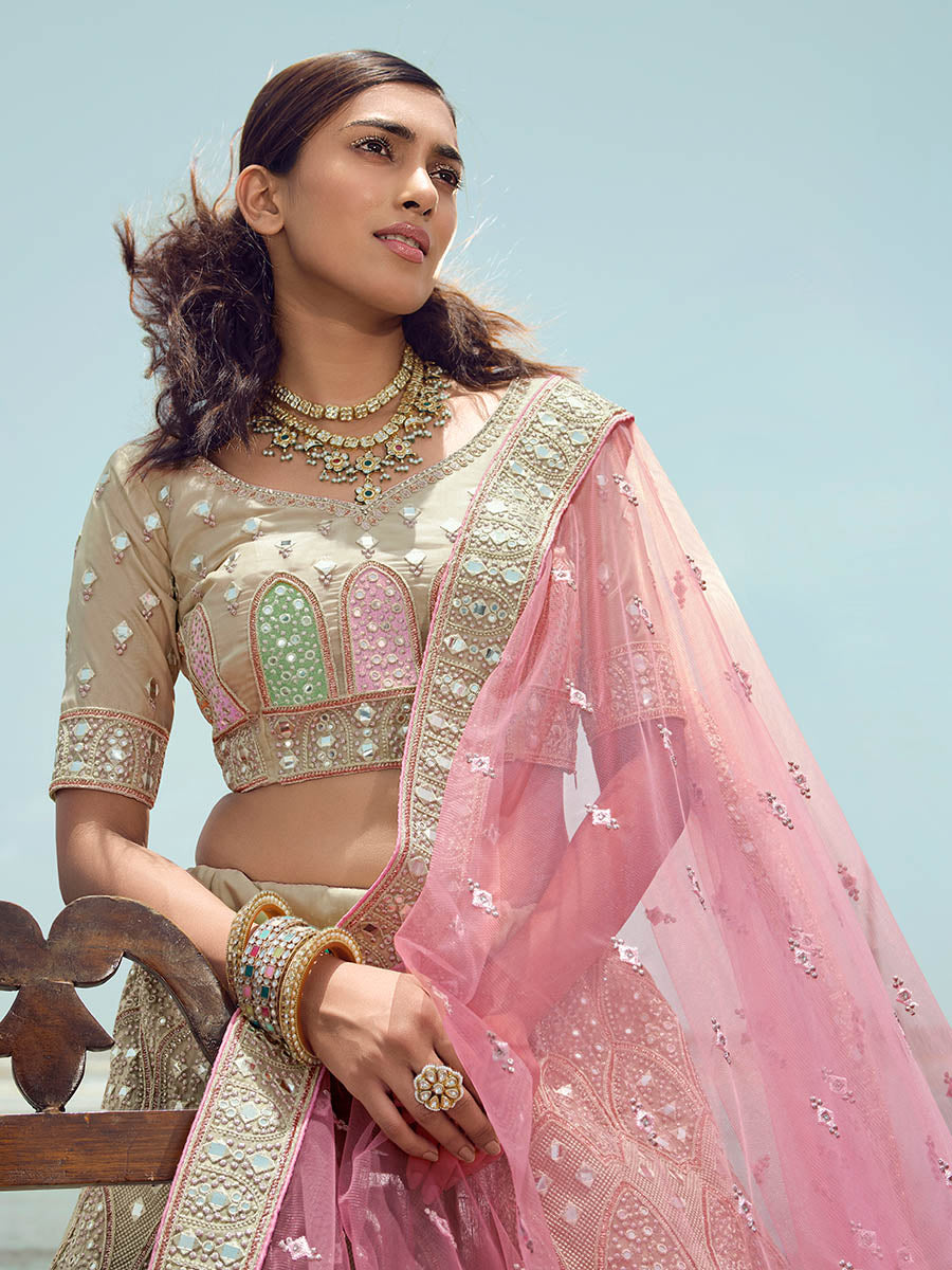 Myra Beige Organza Embroidered Designer Lehenga Choli - Distacart
