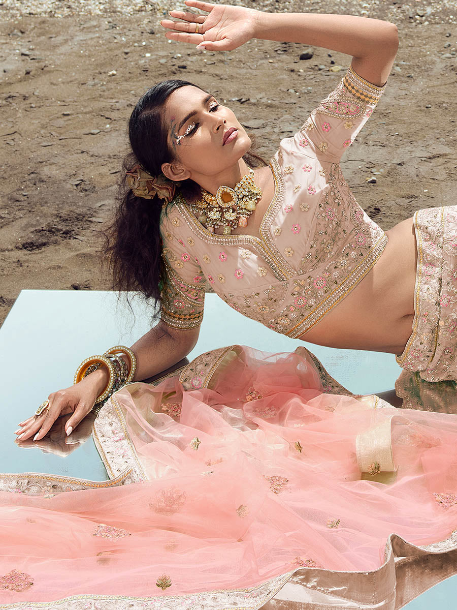 Myra Beige Organza Embroidered Designer Lehenga Choli - Distacart