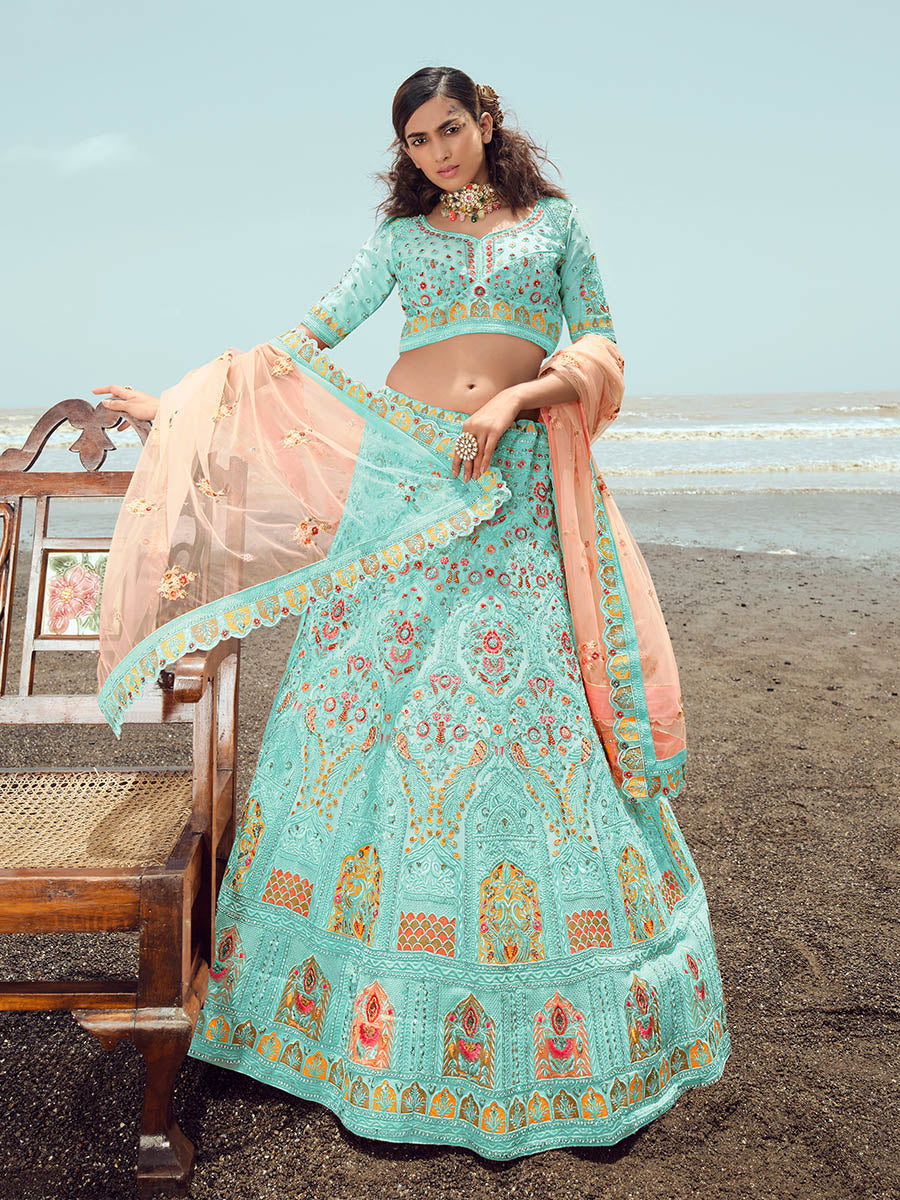 Myra Turquoise Georgette Embroidered Designer Lehenga Choli - Distacart