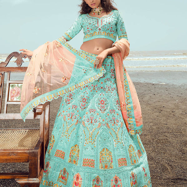 Myra Turquoise Georgette Embroidered Designer Lehenga Choli - Distacart