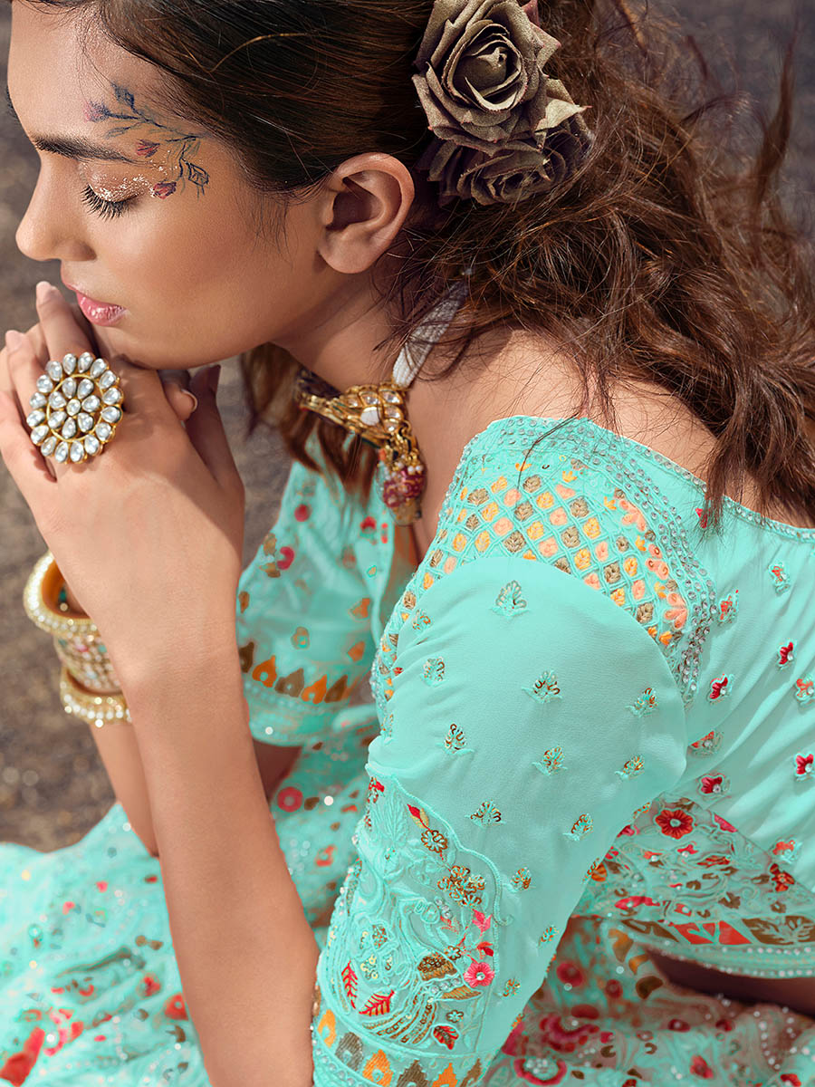 Myra Turquoise Georgette Embroidered Designer Lehenga Choli - Distacart