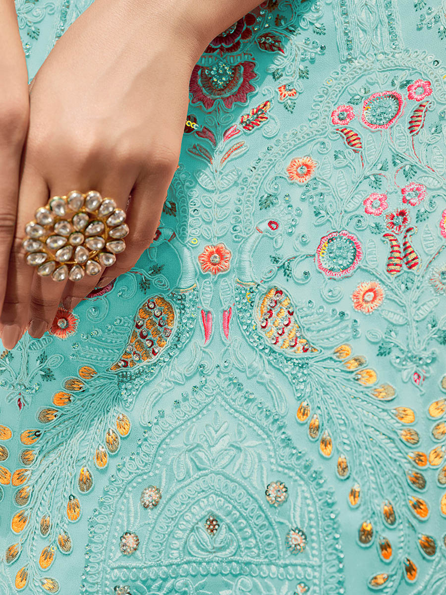Myra Turquoise Georgette Embroidered Designer Lehenga Choli - Distacart