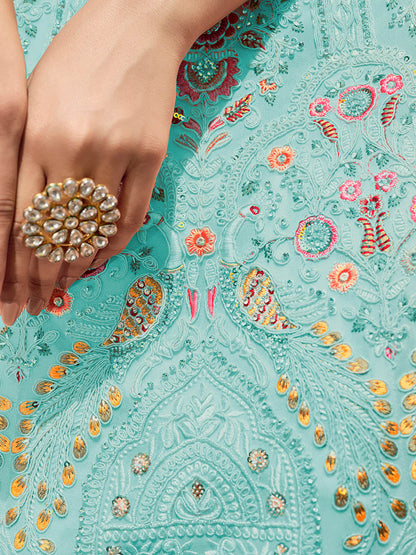 Myra Turquoise Georgette Embroidered Designer Lehenga Choli - Distacart